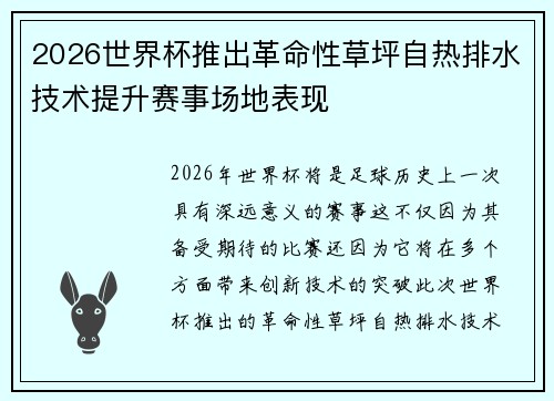 2026世界杯推出革命性草坪自热排水技术提升赛事场地表现